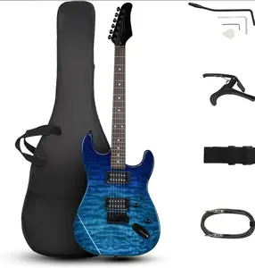 39in Electric Guitar H-H Pickups - Trans Blue Finish w/Tremolo Bridge & Maple Neck for Heavy Rock, Includes Gig Bag & Accessories