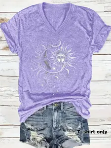 Women's Casual Short Sleeve T-Shirt, Top, Artistic Sun and Moon Design, Soft Breathable Fabric, V Neck, All Seasons, Celestial T Shirt, Boho Casual Summer