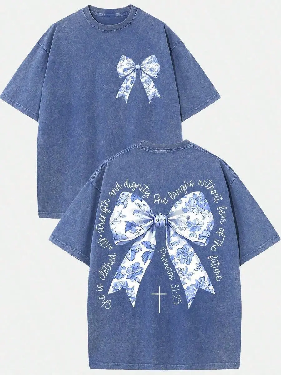 Women's Washed Denim Blue Oversized Cotton Crewneck T-Shirt - Vintage Proverbs 31:25 Blue Floral Bow, Front-Back Double Print, Christian Scripture Faith, Coquette Aesthetic Casual Light Streetwear, Cargo Pants Vibe Gift Top, Workwear, Shortsleeve