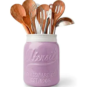 Wide Mouth Mason Jar Utensil Holder Decorative Kitchenware Organizer Crock, Dishwasher Safe - Large Size 7" Height Purple Kitchen Caddy