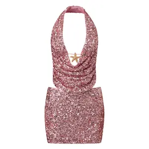 Women Summer Outfits Sequins Cowl Neck Backless Halter Neck Tops and Mini Skirt Set for Streetwear Aesthetic Clothes