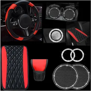 7PCS Car Accessories Set, Carbon Fiber Leather Vehicle Steering Wheel Cover Shift Knob Cover Armrest Cushion Bling Coaster & Starter Ring, Universal Automotive Interior Protector Kit (Red)