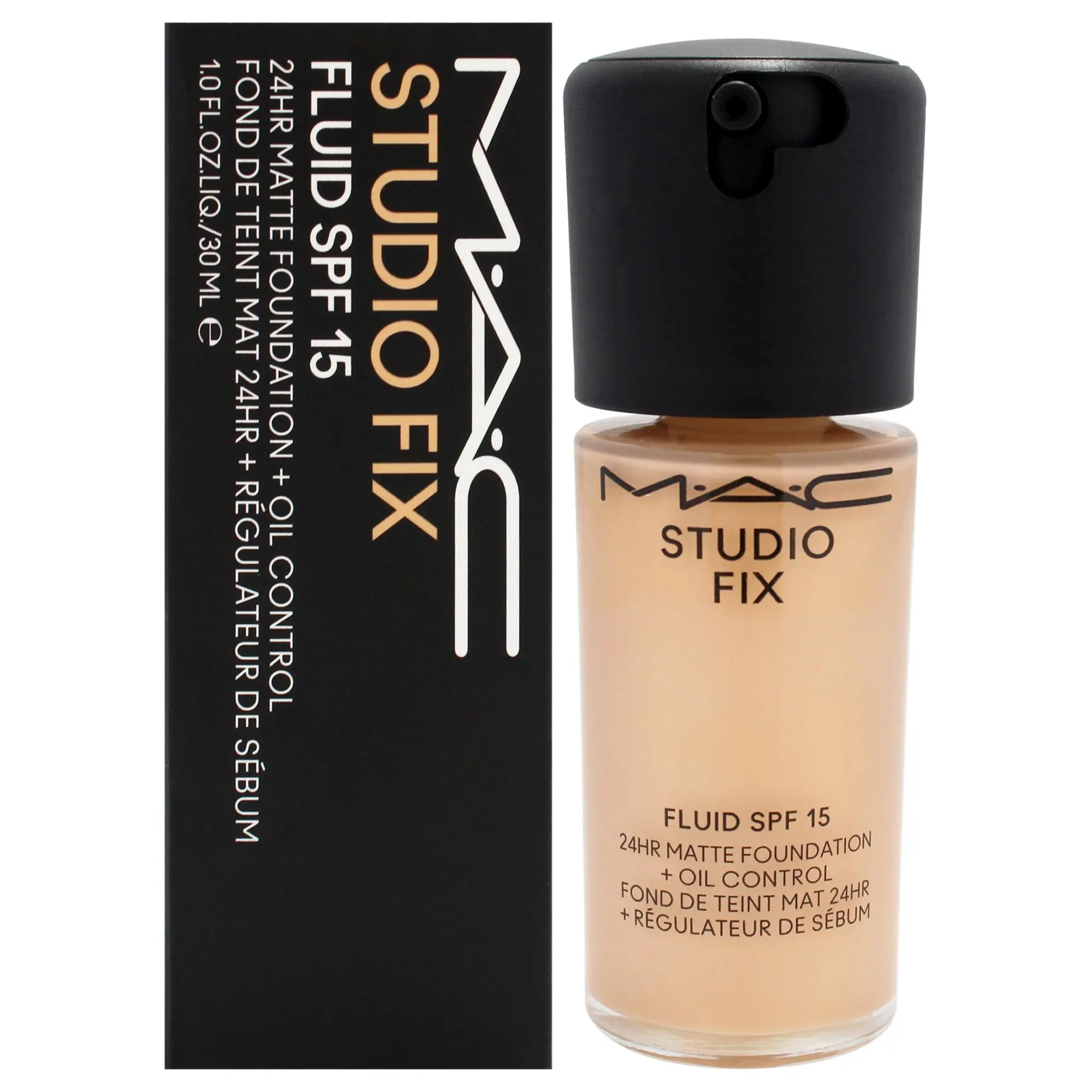 MAC Studio Fix Fluid SPF 15 24HR Matte Foundation for Women - NC25 Light Beige with Golden Peach Undertone, Oil Control, Full Coverage Makeup, 1 fl oz Face Foundation Bottle, Daily, Liquid