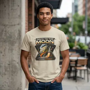 Men's Soft Round Neck Short-Sleeve T-Shirt - Cotton-Polyester Fabric, Unisex Classic Casual Top, "Back to the Moon" Graphic Print Tee