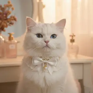 Cute Lace Bow Cat Collar with Pearl Pendant - Elegant Princess Kitten Necklace for Photoshoots - Adjustable Soft Pet Choker for Cats & Small Dogs