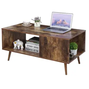 LEMY Mid-Century Retro Coffee Table with Storage Shelf, Wood Sofa Table for Living Room, Open TV Stand & Entertainment Center