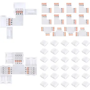 42 Piece 4 Pin LED Strip Connector Kit for 5050 10mm Wide RGB LED Strips, Includes 8 L Shaped, 4 T Shaped, 30 Solderless Connectors