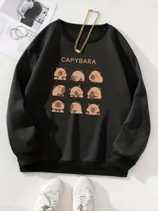 Women's Letter & Capybara Print Drop Shoulder Sweatshirt, Casual Long Sleeve Round Neck Pullover for Fall & Winter, Women's Clothes for Daily Wear