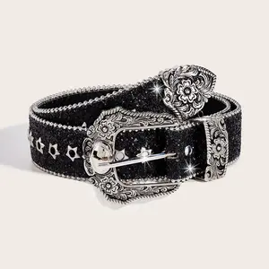 Men's Fashionable Buckles Belt with Sequin Glamour Casual Business Belts for Party, Daily Clothing Decor, Trendy All-match & Exquisite Dress Belt Decoration for Birthday Gift Women's Solid Color PU Leather Fashion Versatile Belt for Jeans & Shorts