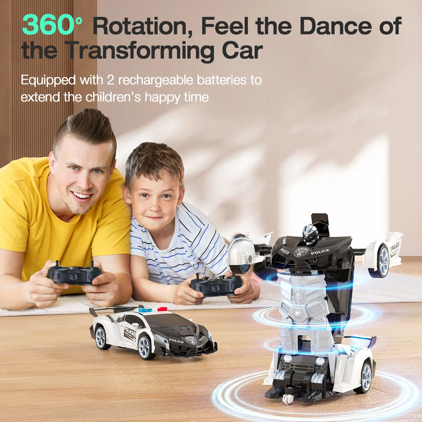 KKM Remote Control Car Toy 2.4GHz Transformer with Flashing Light, 360° Rotating Drifting, 1:18 Scale, Suitable for Ages 5-12 Years