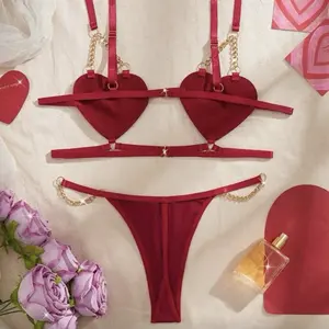 Sacrifice 2pc Set - Red Heart Bra & Thong with Gold Chains for Lingerie Lovers