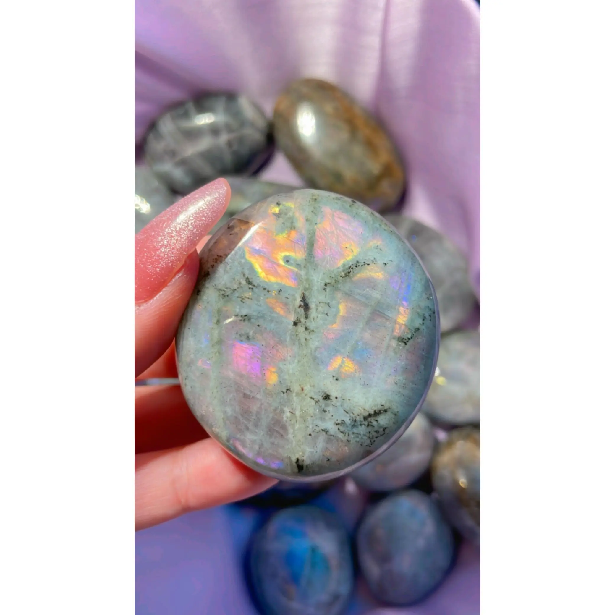 HQ Vibrant Electric Purple Flash Labradorite Palm Stones | intuitive pick