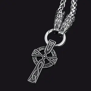FaithHeart Celtic Knot Cross For Men Necklace With Wolf Rope Chain Stainless Steel