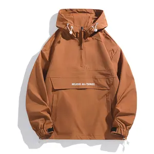 Spring and Autumn New Outdoor Jacket, Hooded Trendy Brand Half-Zip Workwear Softshell Jacket, Men's Trendy Brand Long Sleeve Top, Spring and Autumn Hooded Pullover Jacket, Loose Outdoor Couple Waterproof Softshell Jacket Fashionable Men's Wear, Suitable f