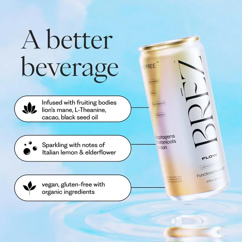 BRĒZ FLOW Adaptogenic Tonic - Functional Beverage w/ Lion’s Mane & Natural Ingredients - Sparkling Lemon Elderflower Drink (12oz)