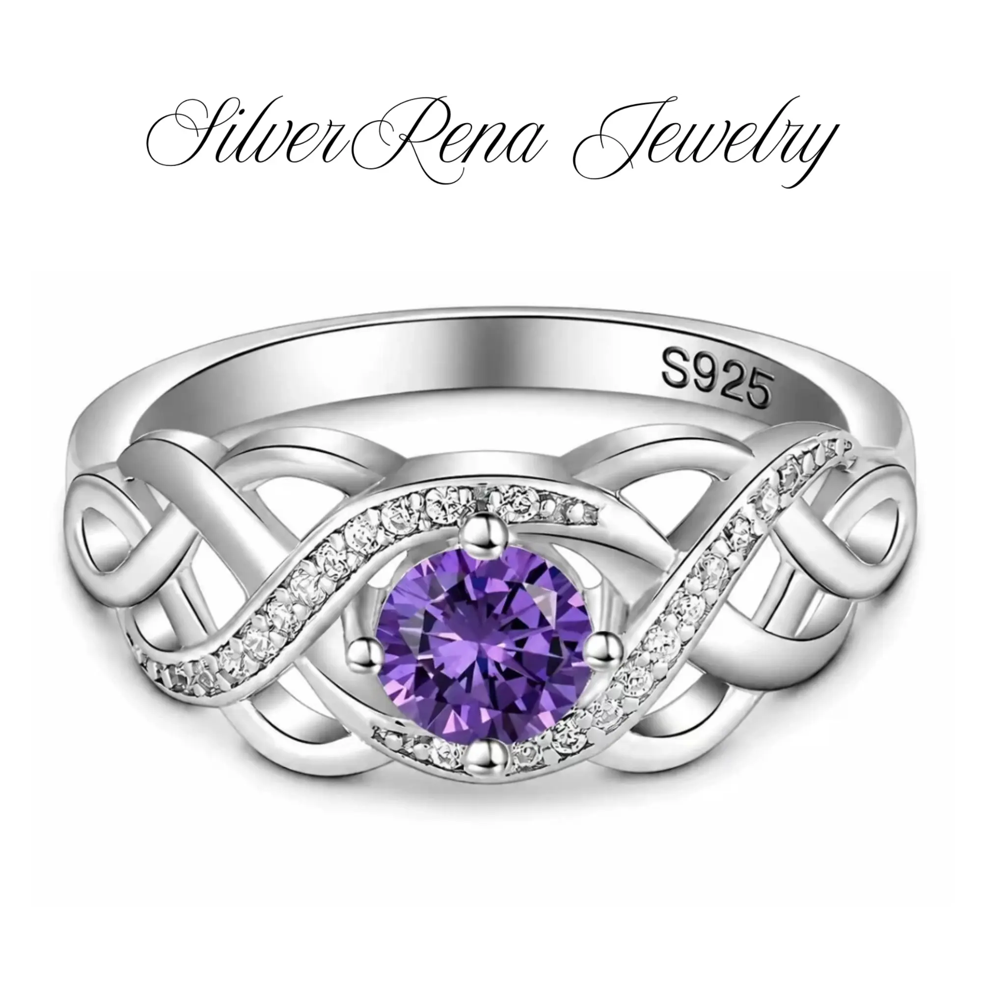 Women's 925 Sterling Silver Celtic Knot Promise Ring - Round 5A Purple CZ Center Stone, Pave Side Cubic Zirconia, Hollow Twisted Infinity Band, Female Daily Wear Engagement Statement Fashion Jewelry Gift (Sizes 6-10)