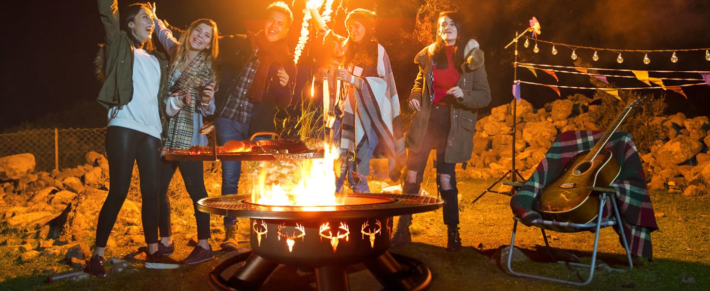 BALI OUTDOORS 47 Inch Wood Fire Pit with Removable Cooking Grill - Round Heavy Duty Modern Firepit Stove for Outdoor Cooking & Gatherings Christmas Gift