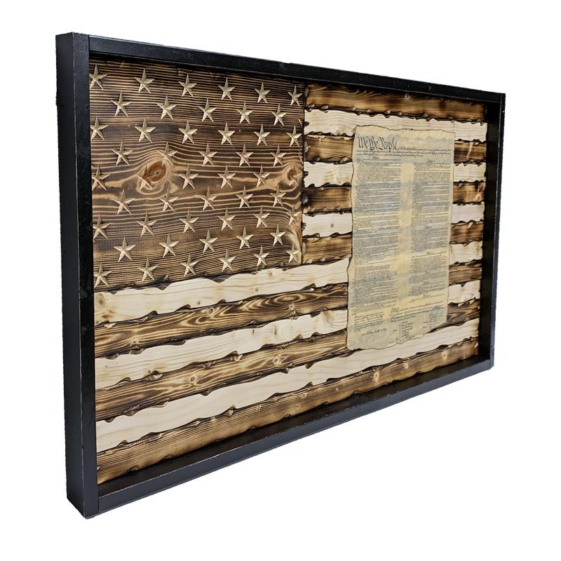 Battle Worn US Constitution Carved Wood Flag Burned and Natural