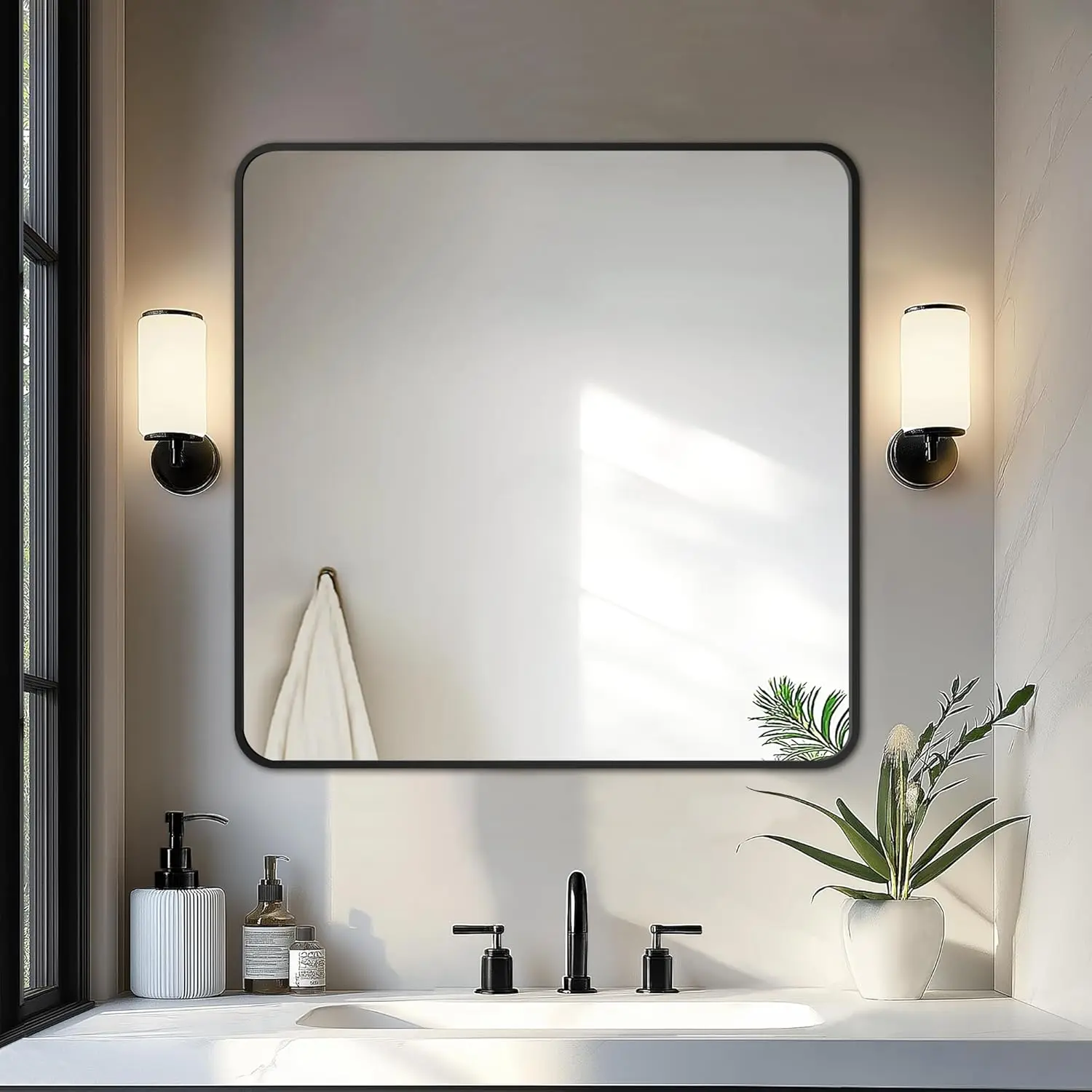 Bathroom Vanity Mirror, Black Framed Bathroom Mirror for Over Sink, High-Definition Bathroom Mirror, Versatile Bathroom Vanity Mirror, Hangs Horizontally or Vertically(30x30, Black)