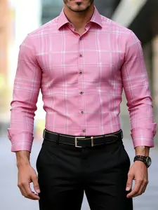 🔥Men's Street Style Plaid Checked Blouse, Fitted Long Sleeve Top, Casual Collared Button Front Shirt, All Season Wear, Summer Travel Cs7117