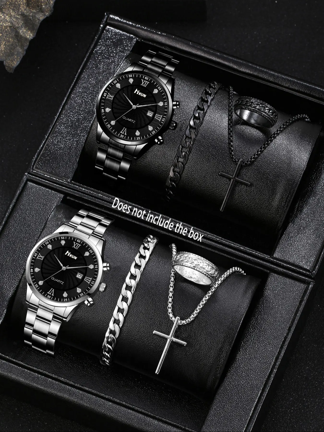 Men's Quartz Watch Set with Necklace Bracelet Ring, Analog Dial Metal Case, Casual Style for All Seasons Gift Idea, Men Jewelry