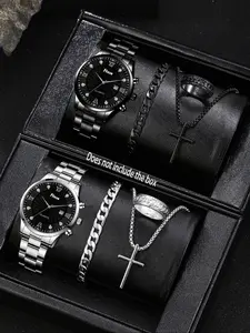 Men's Quartz Watch Set with Necklace Bracelet Ring, Analog Dial Metal Case, Casual Style for All Seasons Gift Idea, Men Jewelry