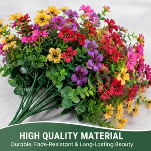 6 Bundles Artificial Flowers for Outdoors, UV Resistant Faux Daisy Flowers with Eucalyptus, Fade Resistant Fake Flowers for Front Porch, Window Box, Planters, Patio & Garden Decor, Farmhouse Outdoor Floral Arrangement