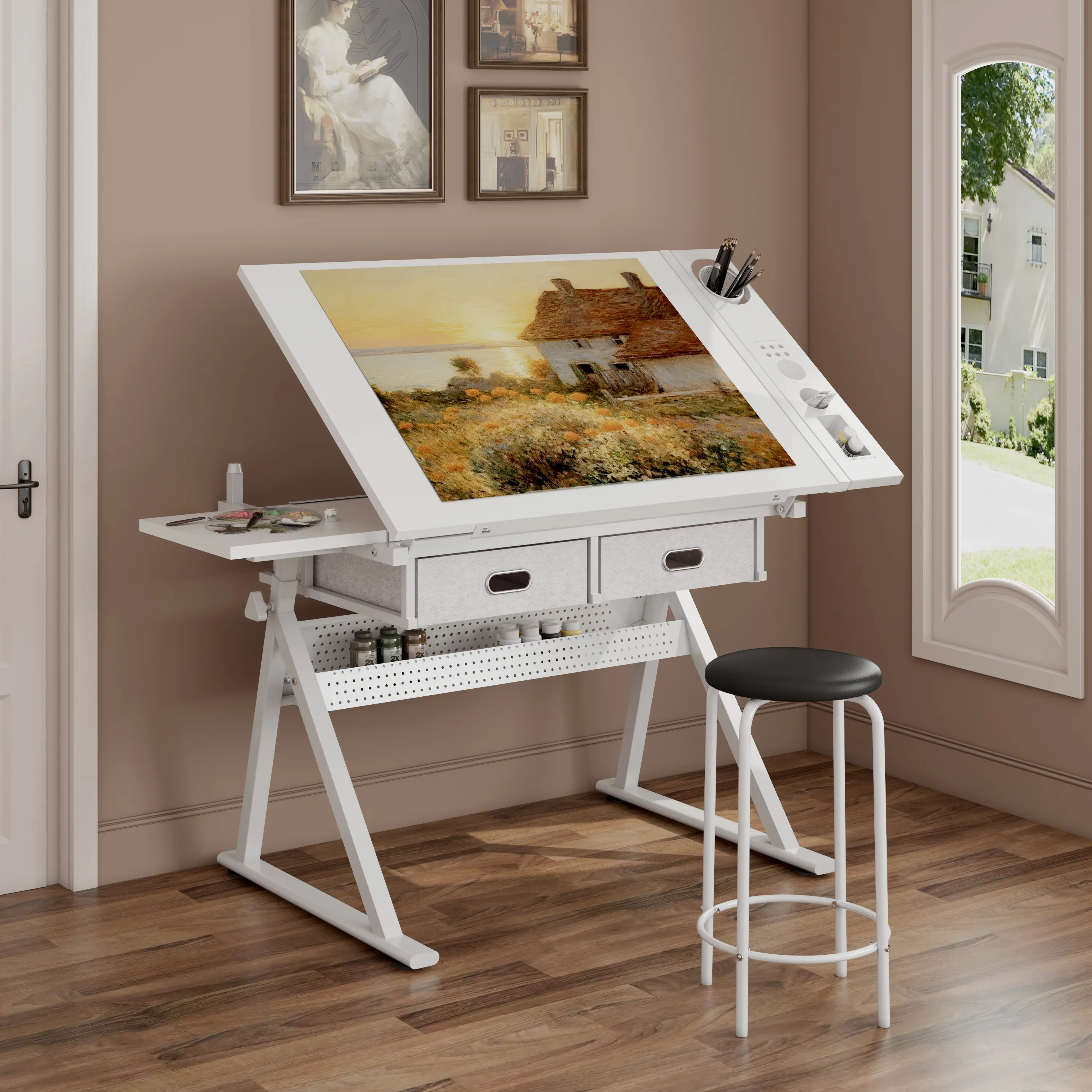 drafting  table > Height Adjustable Tilt Drafting Table Desk Set with Stool and 2 Drawers, Artist Drawing Workstation for Students, Home Office, School Art Class #DraftingTable #ArtistDesk #DrawingDesk #ArtStudent #HomeOfficeSetup #CraftTable
