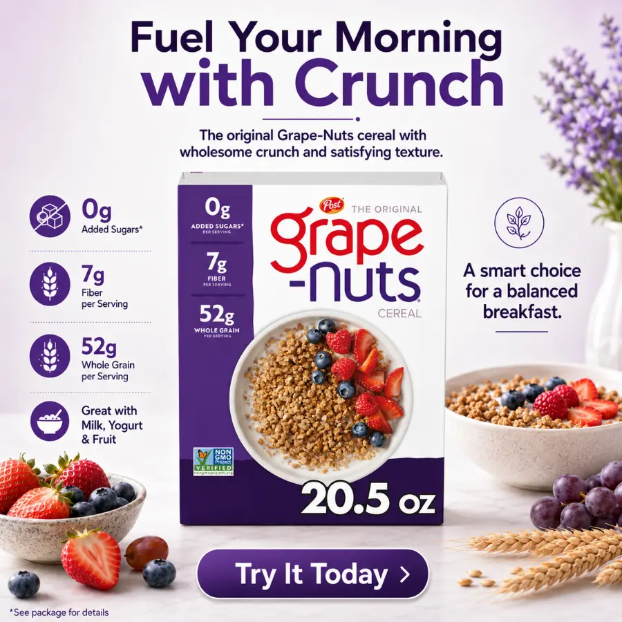 Grape-Nuts Original Breakfast Cereal, Crunchy Whole Grain Wheat & Barley Muesli Oatmeal, Instant, Fiber-Rich, Iron-Fortified, Vitamin-Infused, Non-GMO, 20.5 oz Pantry Food Box