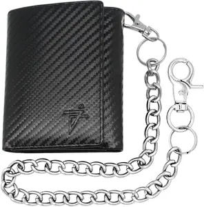 Carbon Fiber Leather Trifold Wallet with Chain & RFID Protection - Sleek Design, Multiple Card Slots, ID Window, Cash Compartment, Detachable Chain, Premium Leather Craftsmanship