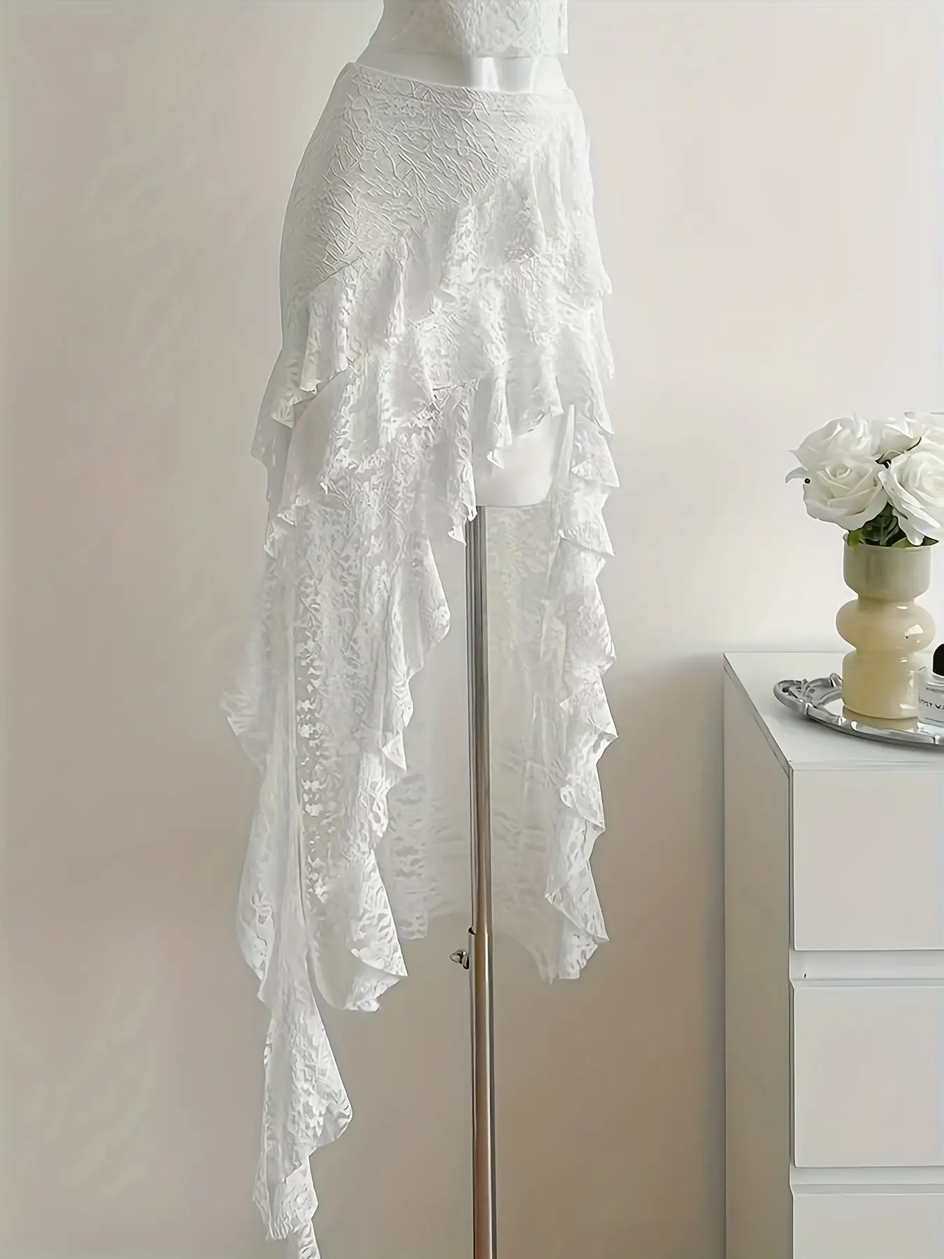 Boho Style Ruffle Lace Patchwork Asymmetrical Hem Mini Skirt, Bohemian Summer Skirts, All-Season Wear, Fashionable, Chic, Elegant and Comfortable, Perfect for Any Occasion