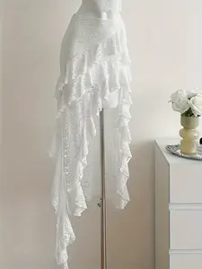 Boho Style Ruffle Lace Patchwork Asymmetrical Hem Mini Skirt, All-Season Wear, Fashionable, Chic, Elegant and Comfortable, Perfect for Any Occasion