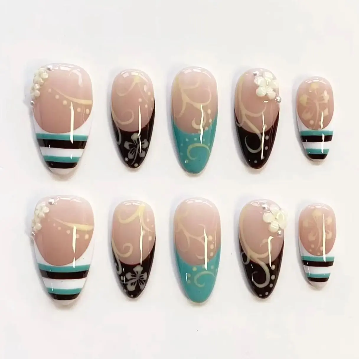Floral Vine Nails/Press On Nails Long Almond Nails/Brown Teal Stripe Nails/Retro Elegant Nails/Spring Summer Nails/Daily Nails/Custom Nails