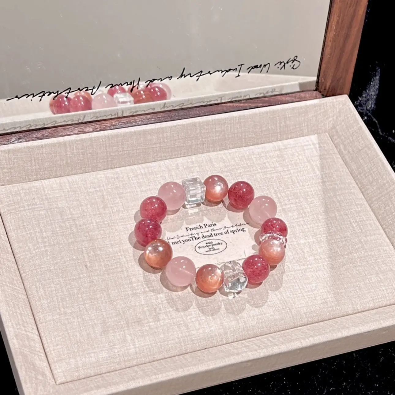 Women's Pink-Tone Multi-Crystal Stretch Beaded Bracelet, Faceted Cube Strawberry Quartz, Sunstone, Clear Quartz Accent, Daily Wear Gifting Natural Crystal Jewelry