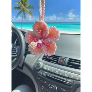 Hibiscus Flower  Hanging Ornament,Crochet Hawaiian Tropical  Bag Charms Decor  Rear View Mirror Beach Accessories (Pink)