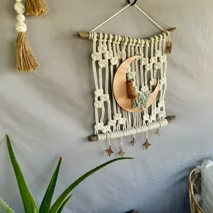 Macrame Fiber Art with Moon Design - Decorative Wall Hanging, Includes Cosmic Growth Frequencies Infused - Decoration, Wall Decor