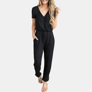 PrettyGarden Women's Summer Casual Deep V Neck Short Sleeve Wrap Drawstring Waist Jumpsuit Romper Fashion Womenswear