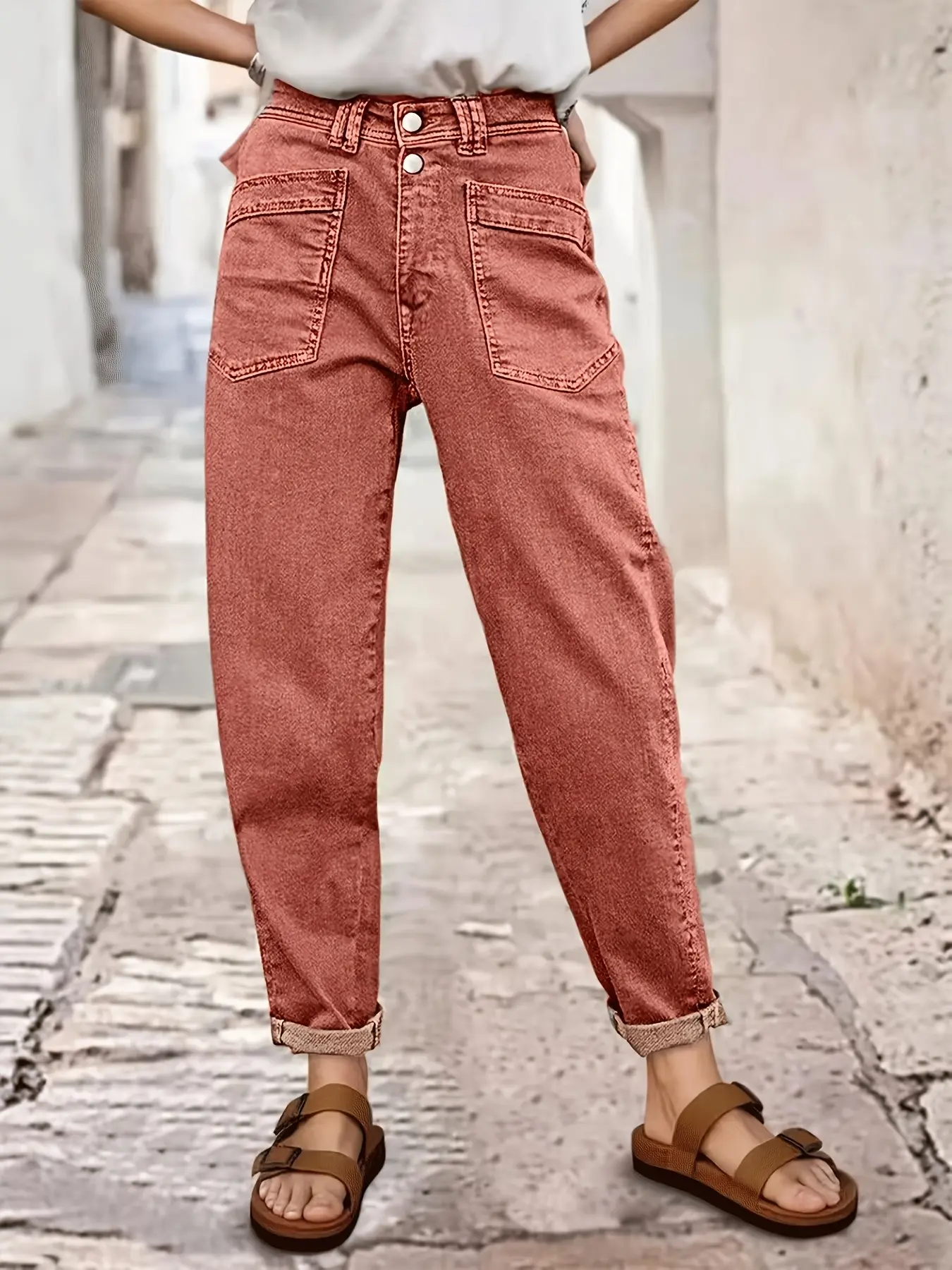 Women's Mid-Waist Loose-Fitting Plain Stretch Straight Jeans - 70% Viscose, Olive Green, Button-Fly, Belt Loops, Slash Pockets, All Seasons, Machine Washable for Casual, Semi-Formal Occasions