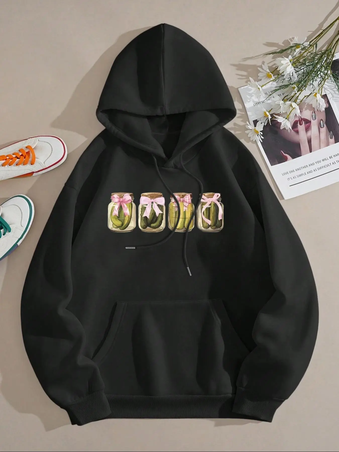 【Plus Size】 Canned Pickle Print Drop Shoulder Hoodie, Fashion Casual Thermal Lined Drawstring Pocket Hooded Sweatshirt for Daily Holiday Outdoor Wear, Women Clothing for Fall & Winter