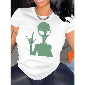 Womens Cotton Graphic Tee Short Sleeve Crew Neck Alien Print T Shirt Soft Breathable Casual Streetwear Top For Summer Everyday Outfit Festival And Travel