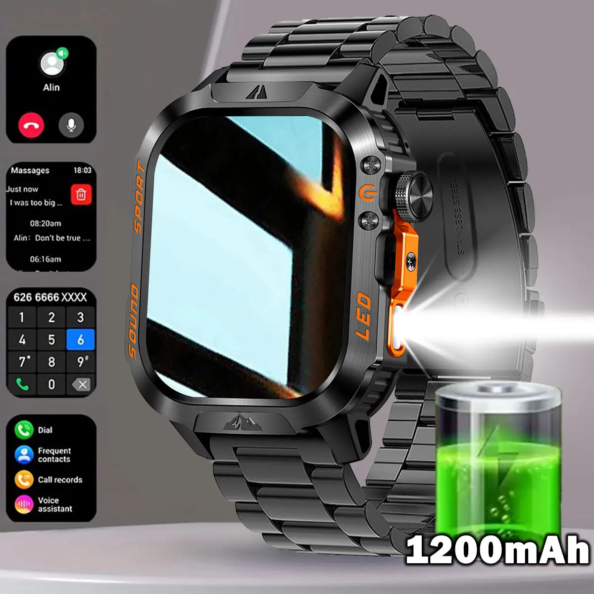 2026 New Men's Sport Smartwatch Device, 2.01-in Screen, 1200mAh Battery, Bluetooth, LED Flashlight, Mobile Sync, IP68 Waterproof Resistance, 100+ Sports Modes (Running, Music Control), Android & iOS Compatible, Charging, Voice Recording, Calorie Tracker,,