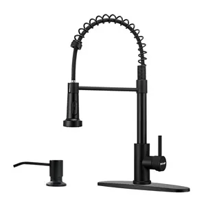 NGNP Matte Black Single-Handle Stainless Steel Commercial Kitchen Faucet (Pull-Down Sprayer) — Spring-Style Pull-Down Sink Faucet; Compatible with Single-Hole or 3-Hole Installation; Includes Soap Dispenser; Suitable for Farmhouses, Campers, and RVs.