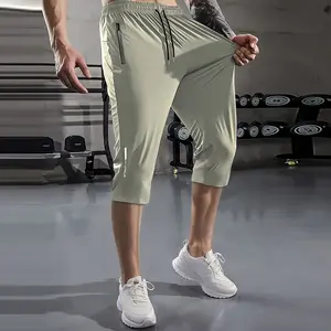 Men's Summer Sports Shorts, Three-Quarter Pants, Sports Ice Silk Pants, Straight-Leg Pants, Solid Color, Zipper Print, Zipper Pocket, High Elasticity, Nylon Sports Shorts, Ice Silk Shorts