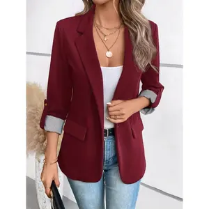 Sister Qin's Wardrobe [Navy Blue Women's Blazer] Navy Blue Polyester Women's Blazer | Elegant Chic Three-Quarter Sleeve, Button Front with Decorative Golden Star, Machine Washable | Perfect for Office & Casual Spring/Summer Outfits