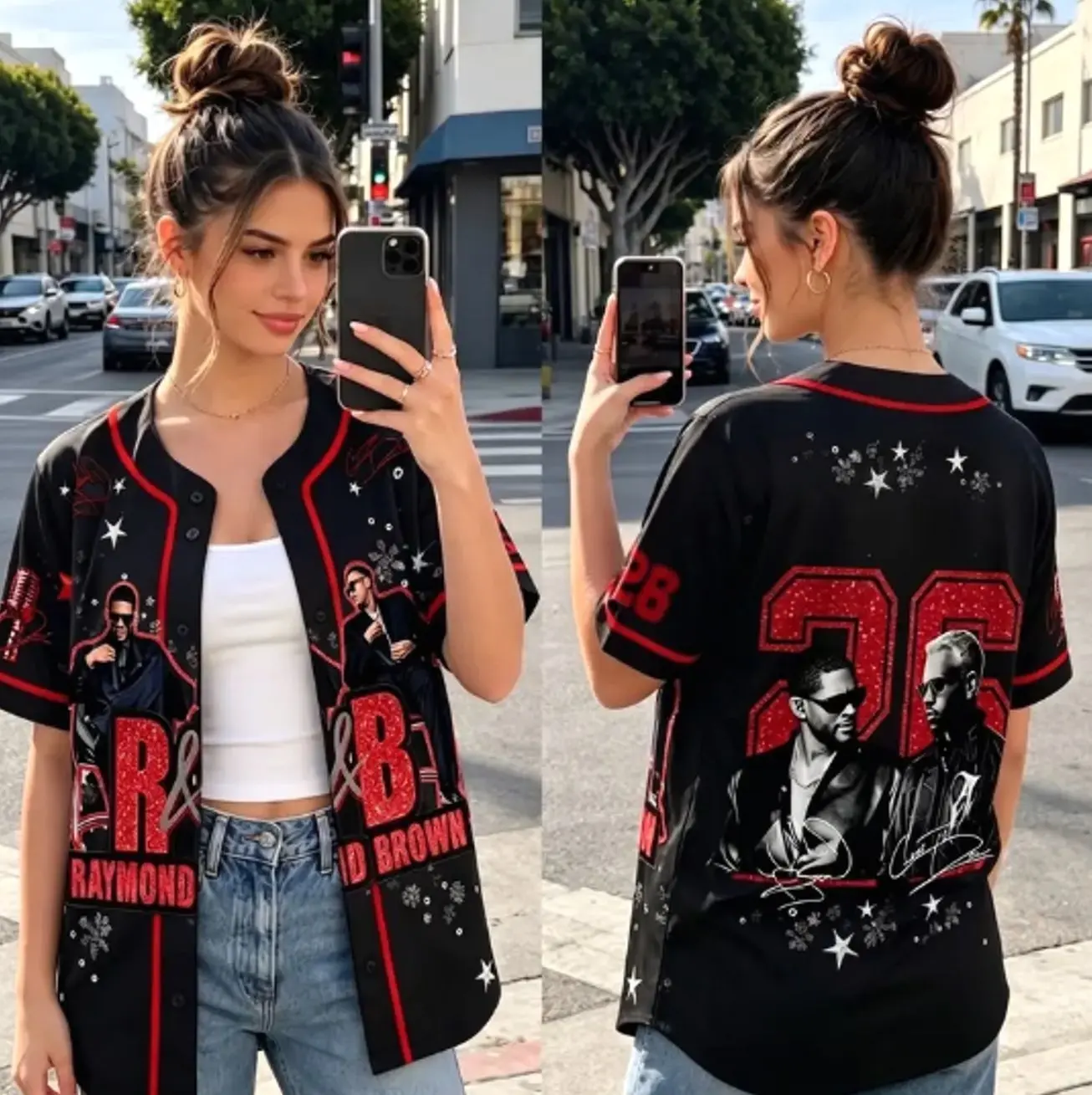 Unisex Wear 90s R&B Graphic Baseball Jersey - 100% Polyester Vintage Hip Hop All-Over Print Short Sleeve Button Up Shirt, UV Protective Professional Sports Top for Game Days