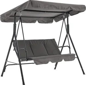 Gray Outdoor Patio Porch Swing Adjustable Backrest, 3-Seat Swing Chair with Weather Resistant Steel Frame for Backyard Front Porch Lawn, Cushion and Pillows Included