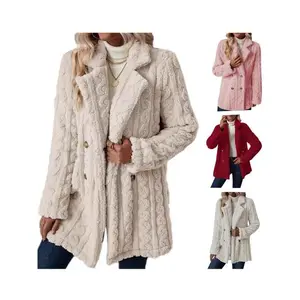 Women's Fleece Coat - Comfortable Casual Warm Notch Lapel Double-Breasted Mid-Length Overcoat