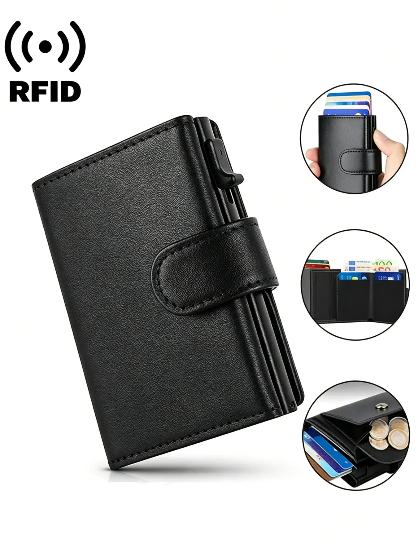 Rfid Theft Proof Pop-Up Leather Wallet, Compact Men's Credit Card Holder with Card Slot and Snap Button, Anti-Scan Slim Purse with Coin Pocket, Ideal for Daily Commute & Business