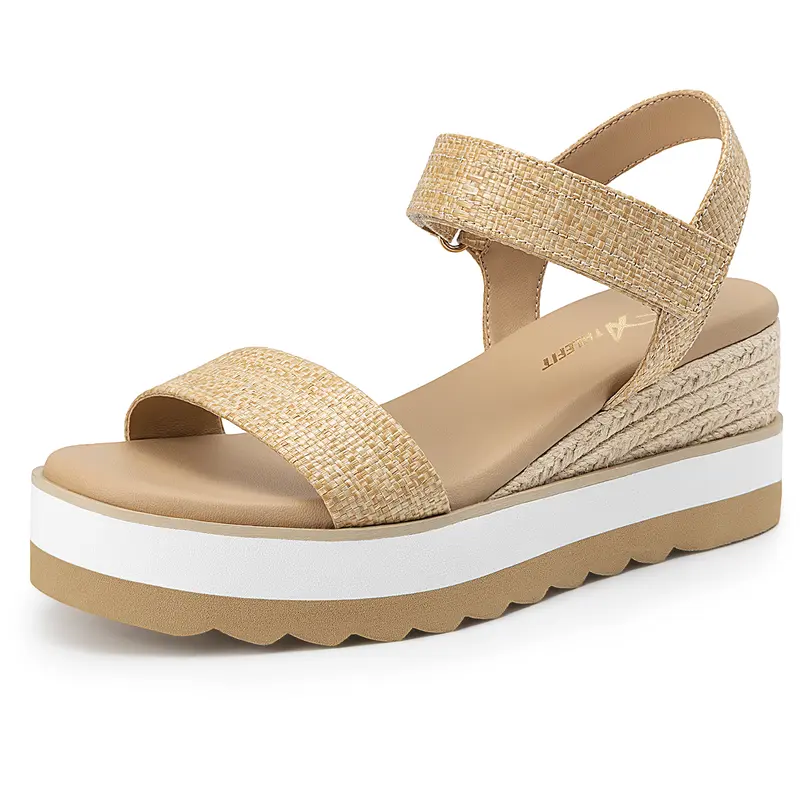 Athlefit Women's Minimalist Faux Leather Espadrille Black Wedges - Open Toe, Velcro Adjustable Ankle Strap, 2.7" Sponge Cushioned Heel Platforms, Walking Shoes for Back to School