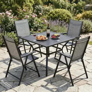 Outdoor dining table set, 37-inch black square metal table with 4 folding chairs   WL